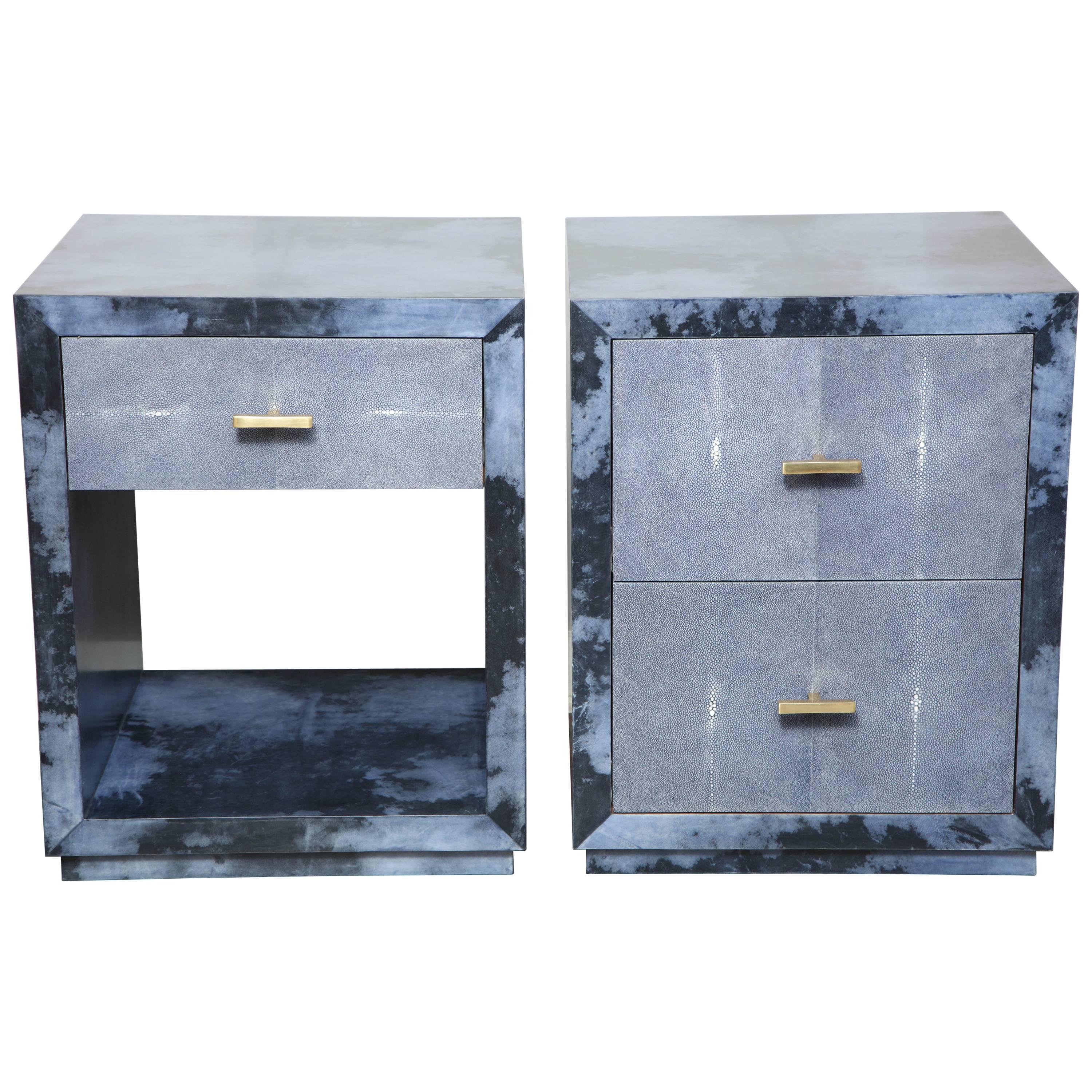 Set of 2 Parchment Nightstands with Genuine Shagreen Drawer Fronts