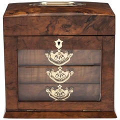 Antique Glazed Walnut Velvet lined Jewelry Cabinet, 19th Century