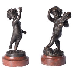 Antique Bronze Figures Cupids Set of Two Marble Plint, 19th Century