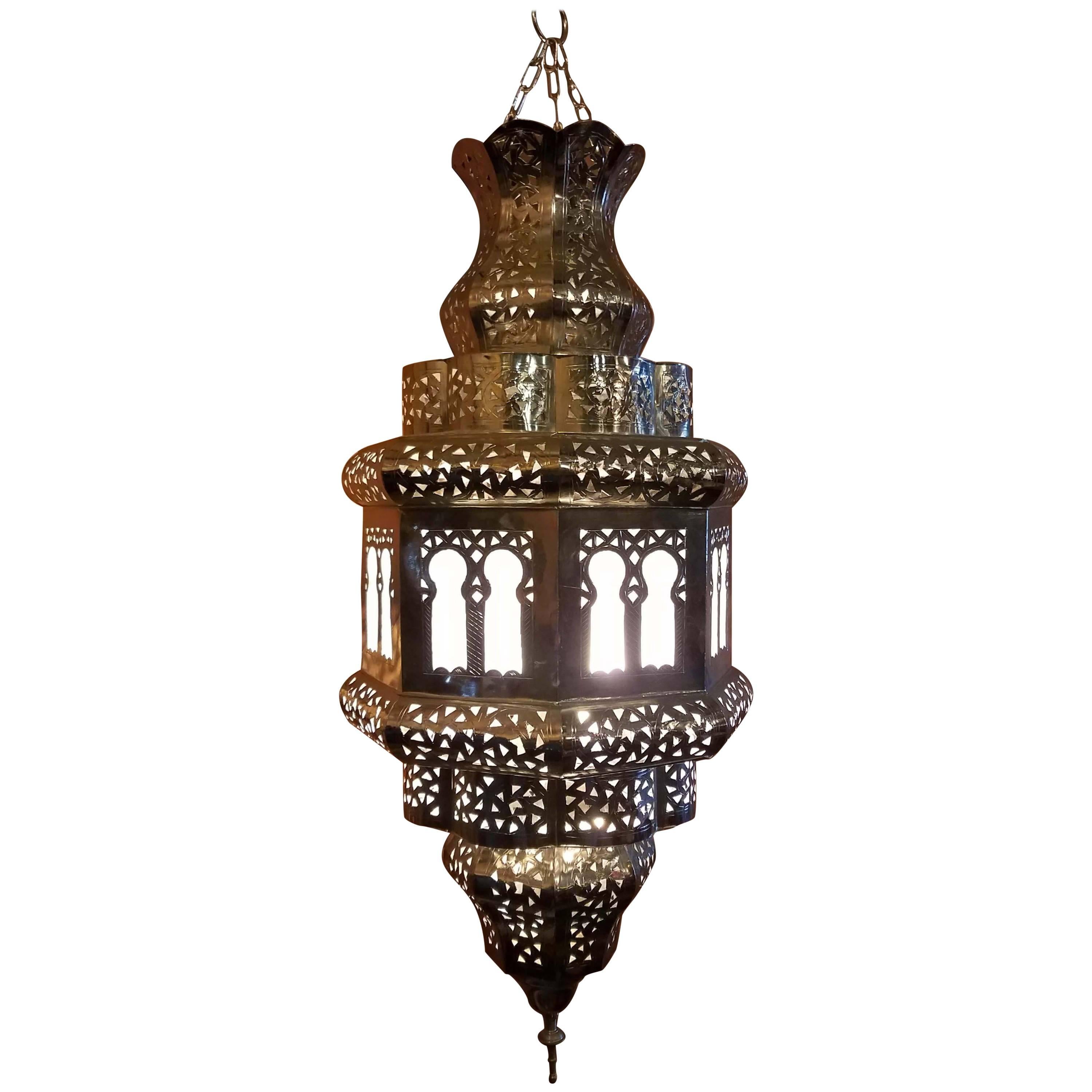 Old Fez Moroccan Lantern, Copper, Silver Look For Sale