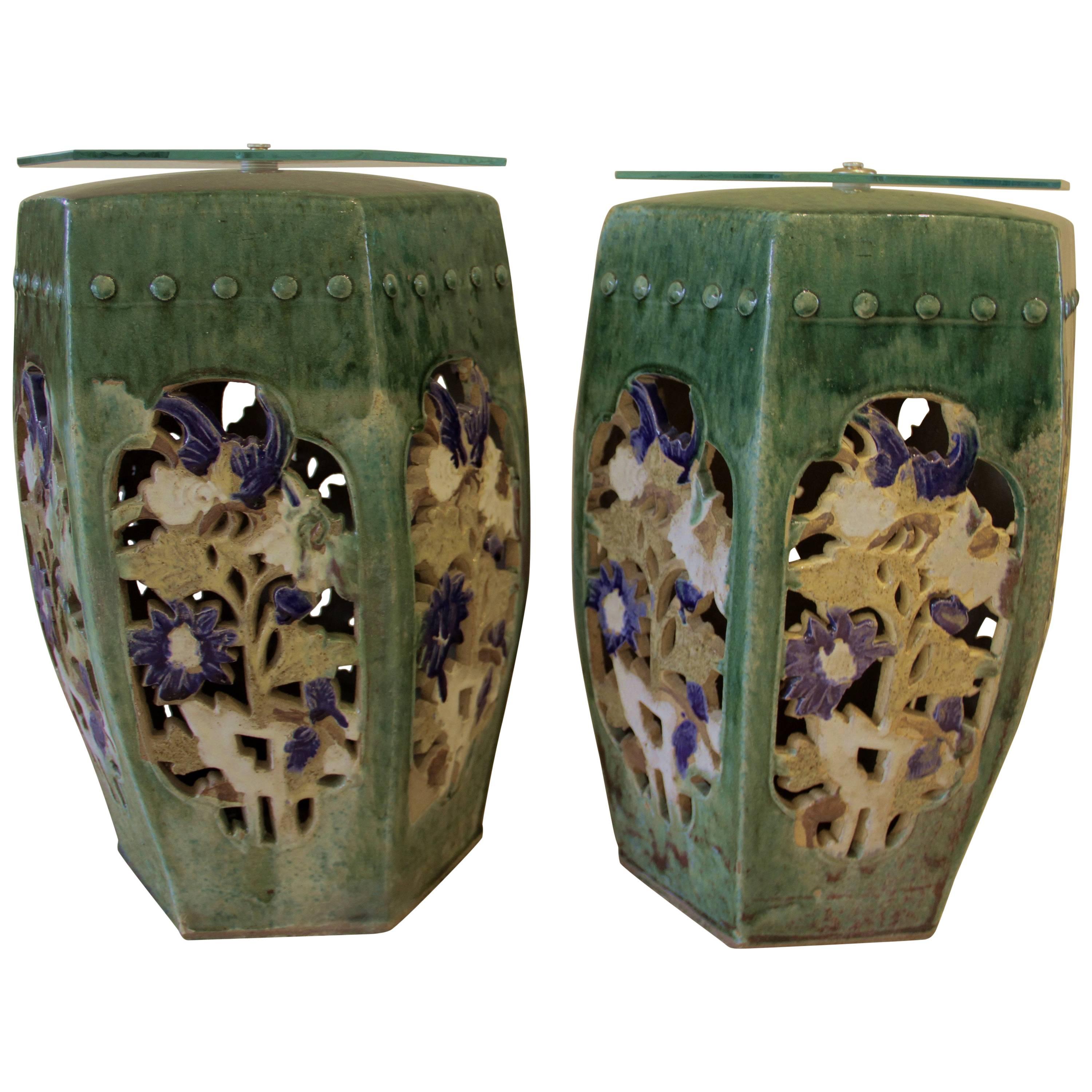 Garden Stools Pair of Green Chinese Side Tables Drink Tables For Sale