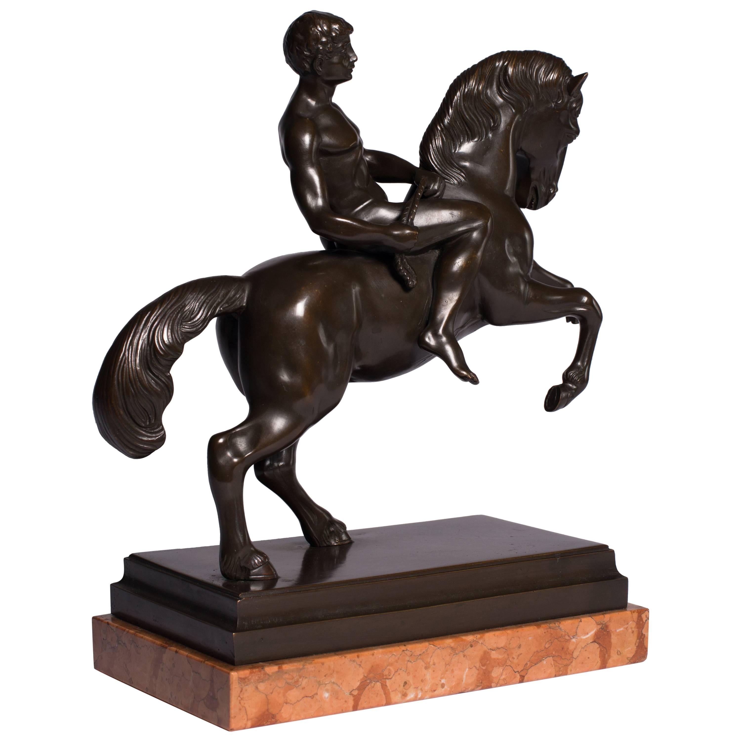 Bronze Statue Horse with Athlete Marble Base For Sale