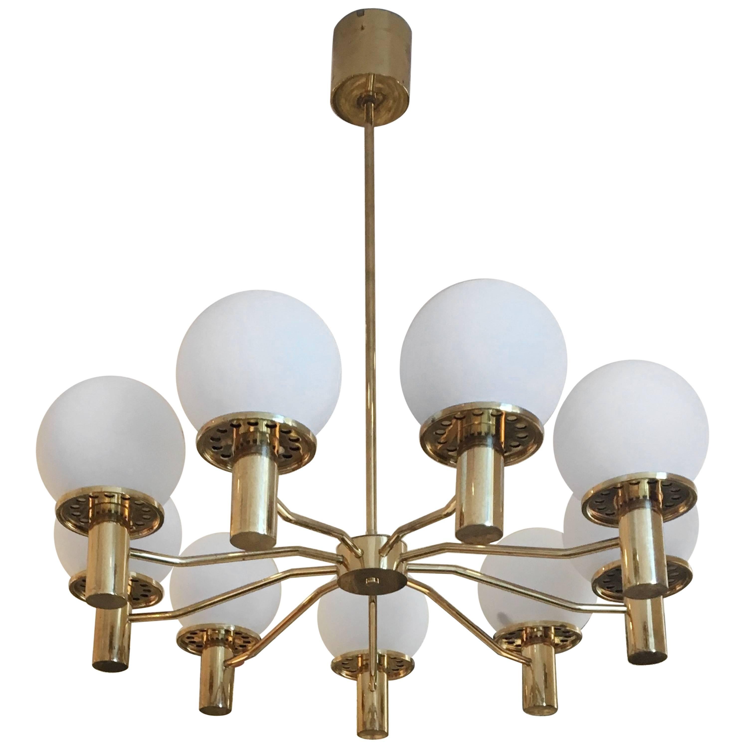 Large Swedish 1950s Brass and Glass Globes Chandelier