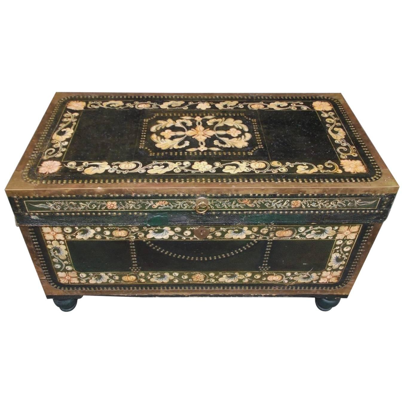 Chinese Campaign Camphor Wood Floral Painted Leather Nautical Chest, Circa 1820
