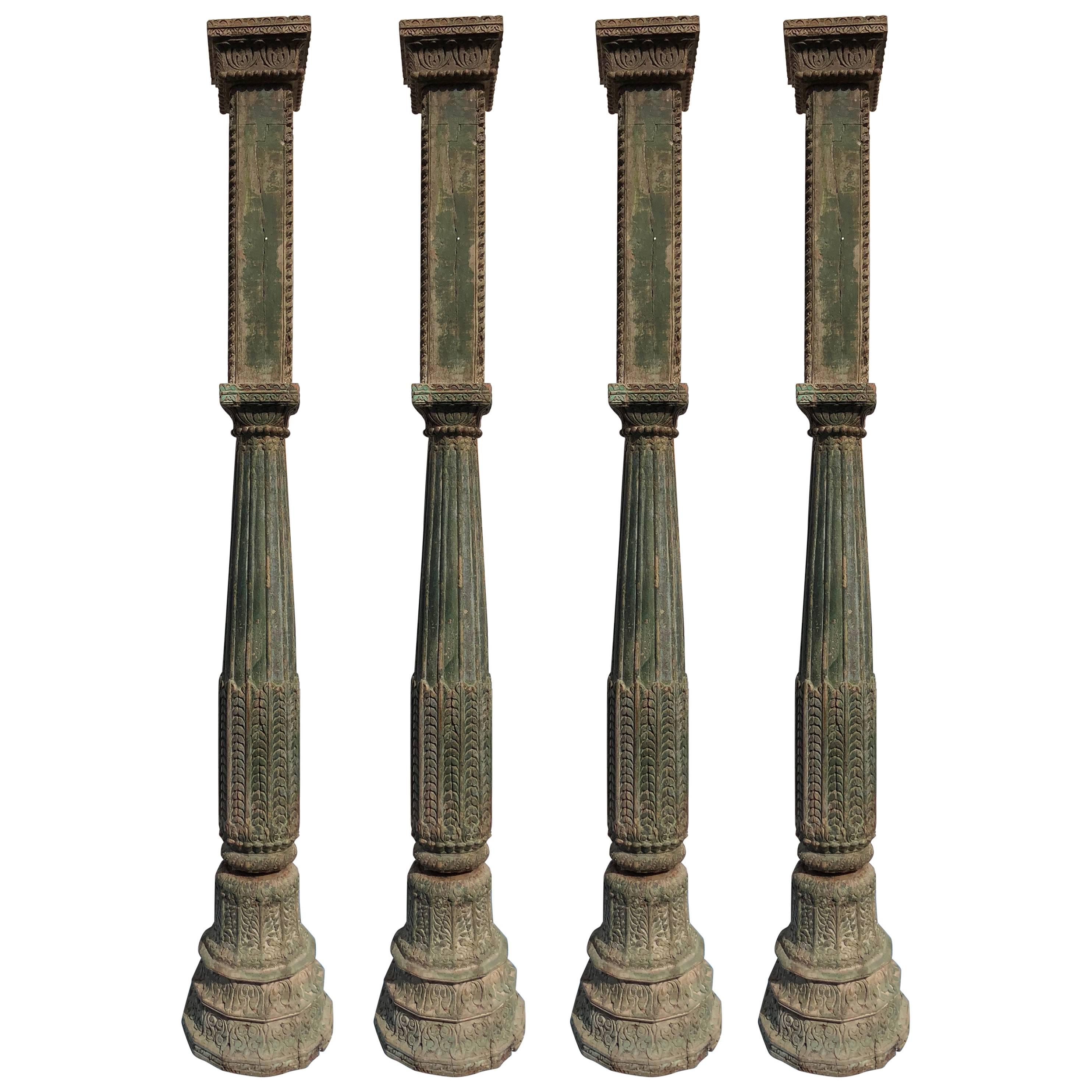 Set of Four 19th Century Teak Pillars from Old Palace in Gujarat For Sale