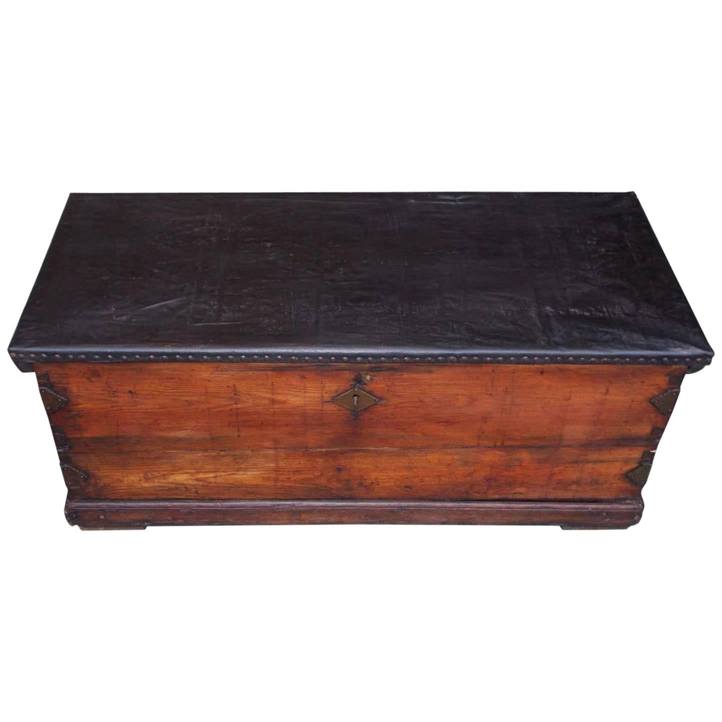 American Pine and Leather Nautical Sea Chest with Braided Rope Beckets, C. 1800