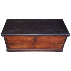 Antique American Pine and Leather Nautical Sea Chest with Braided Rope Beckets, C. 1800