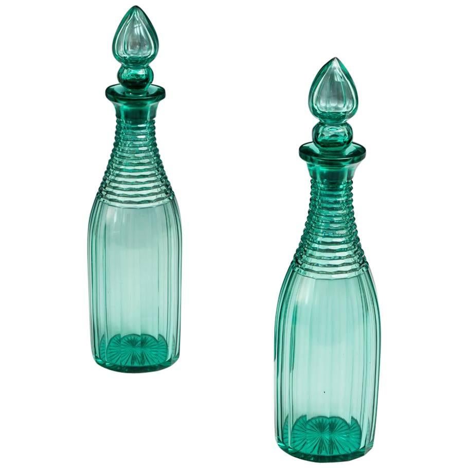 Unusual Pair of Slice and Scale Cut Green Victorian Decanters For Sale