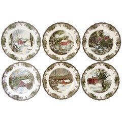 Retro 50'S English Transferware " The Friendly Village" Dinner Plates Set Of Six