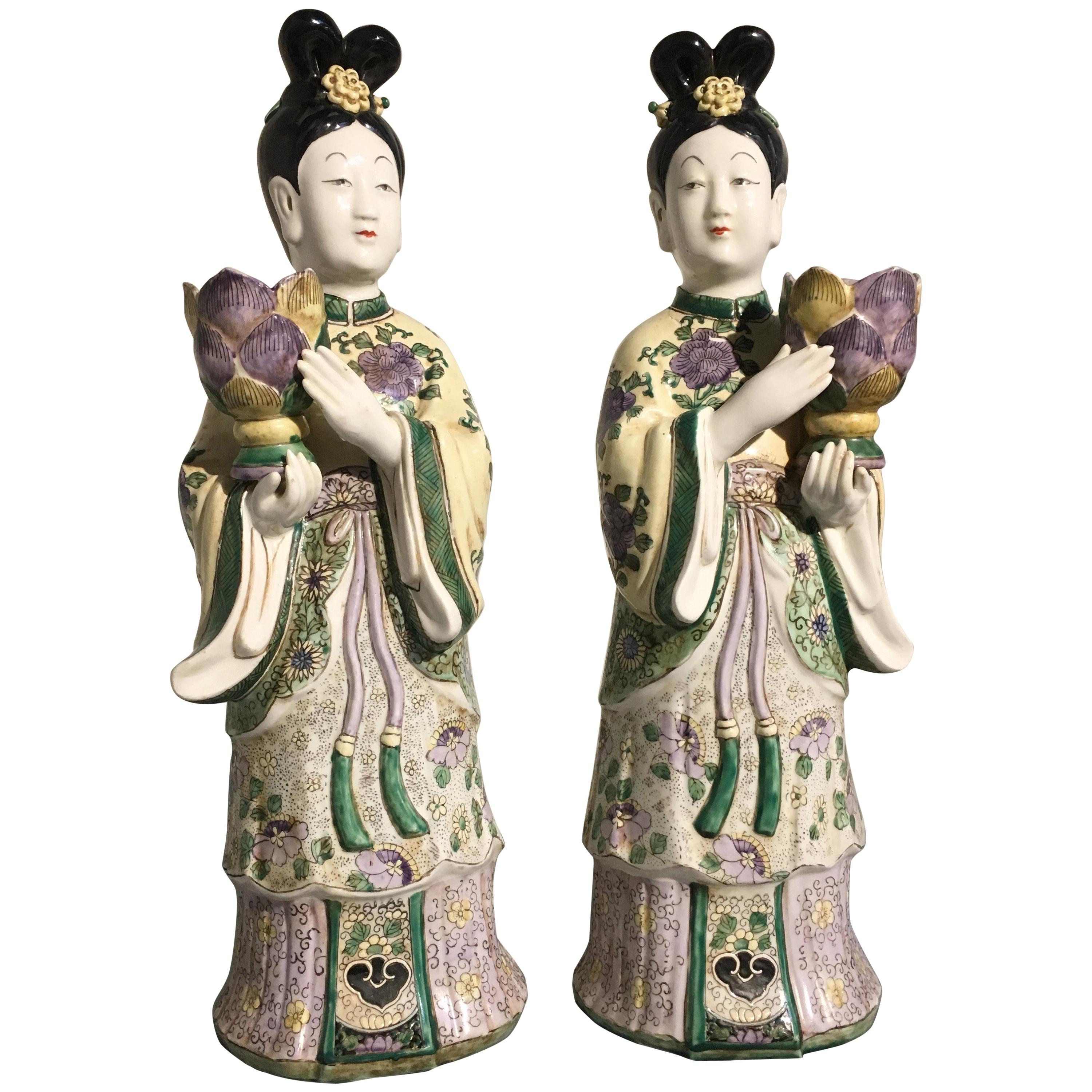Pair of Chinese Export Porcelain Court Lady Candle Holders, Mid-20th Century For Sale