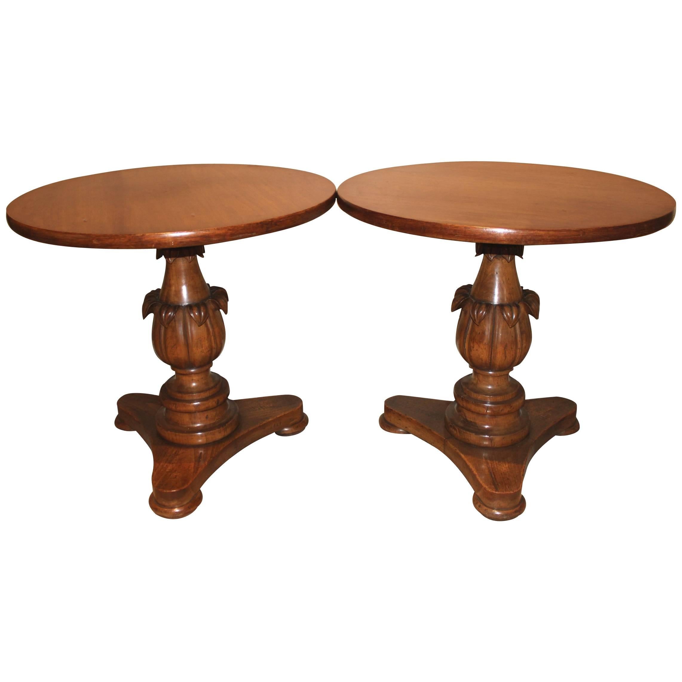Pair of Victorian Walnut Carved Round Side Tables