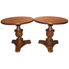 Pair of Victorian Walnut Carved Round Side Tables