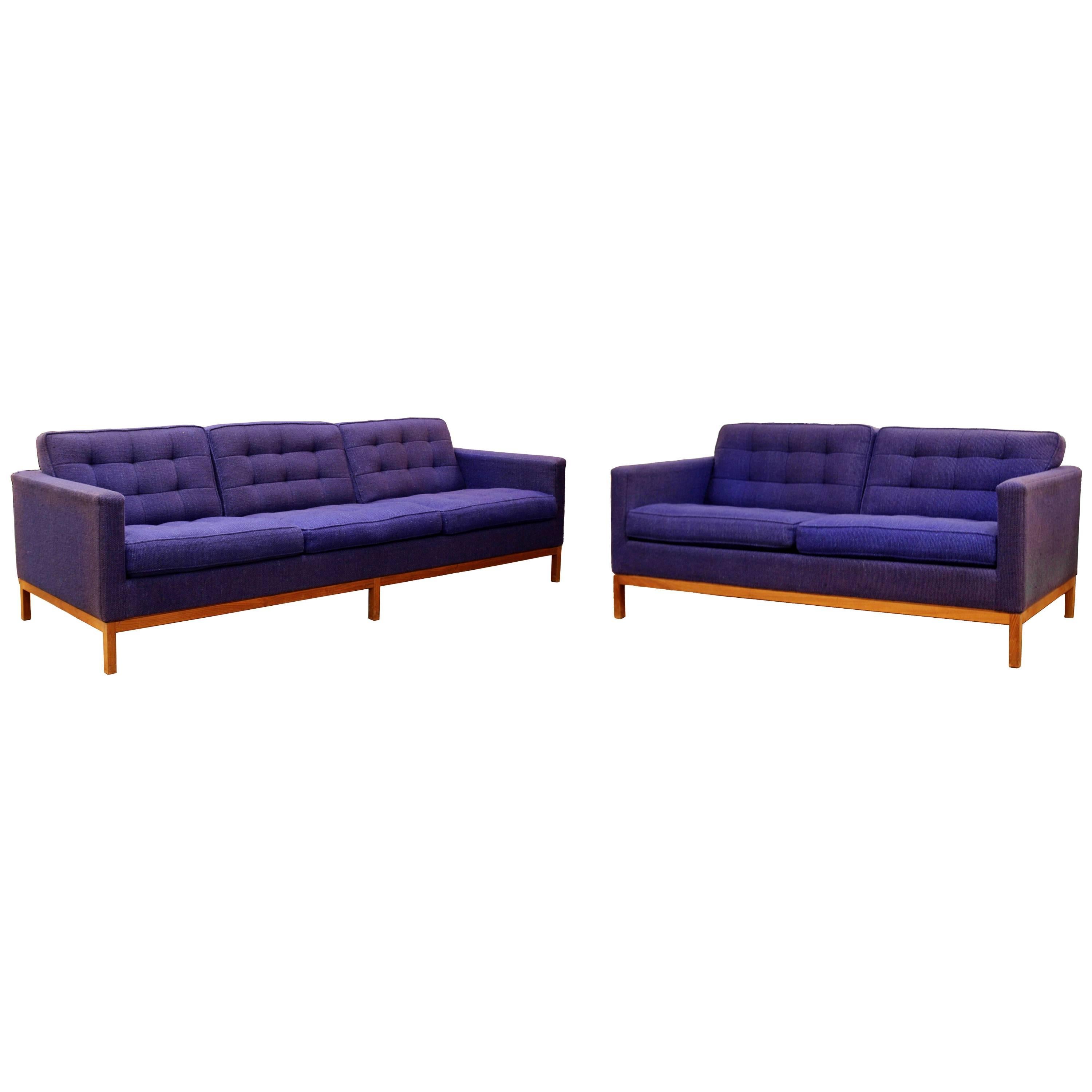 Mid-Century Modern Florence Knoll Pair of Tufted Loveseat & Sofa Wood Base 1950s