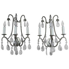 Silvered Three-Light Crystal Sconces, Pair