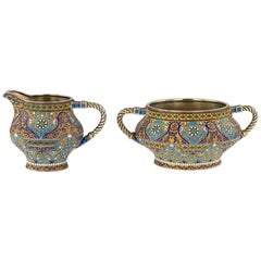 Antique Imperial Russian Kuzmichev Solid Silver, Enamel Bowl and Jug, circa 1900