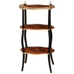 19th Century French Walnut and Bronze Three-Tier Side Table with Flower Inlay