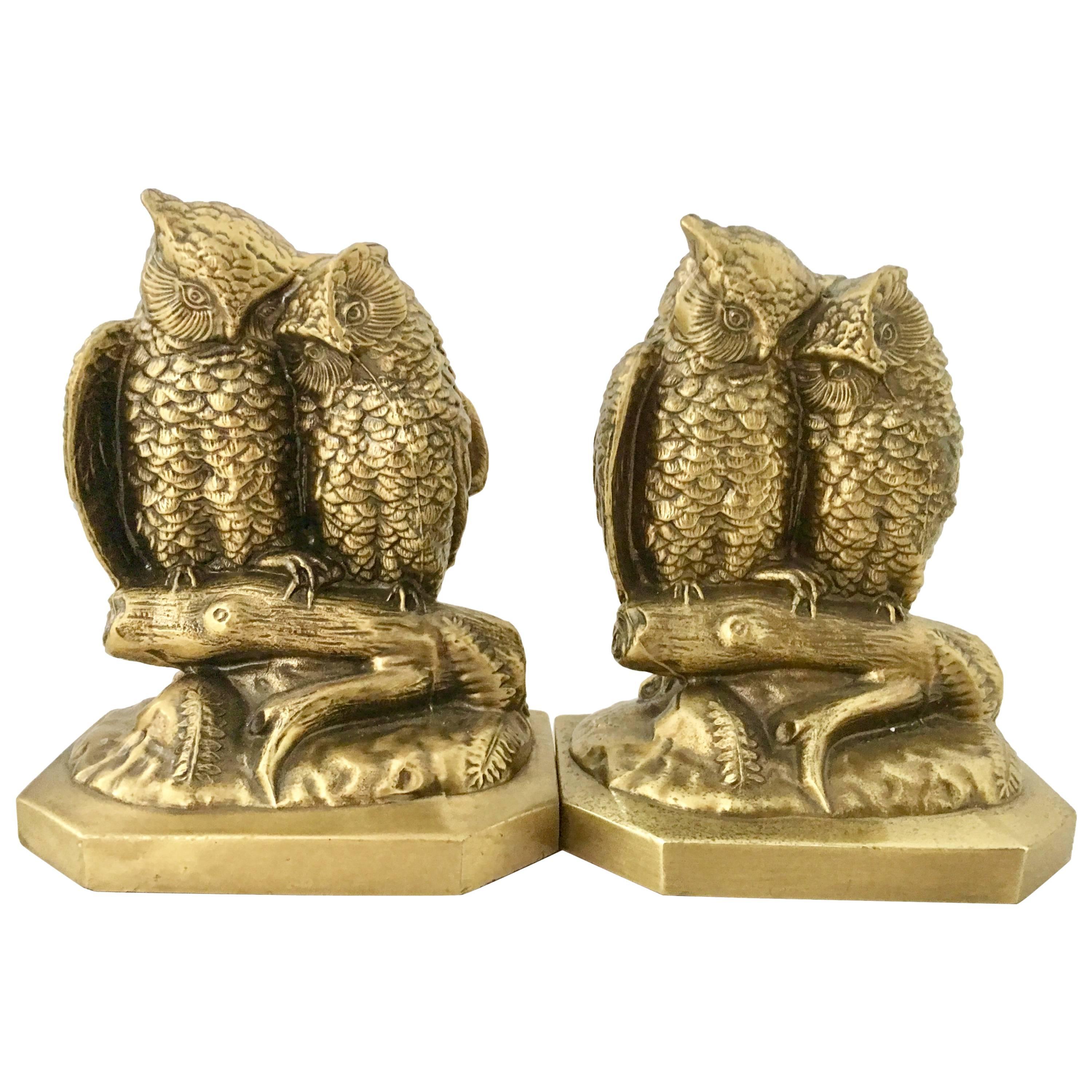 Mid-Century Pair of Solid Brass Owl Book End Sculptures
