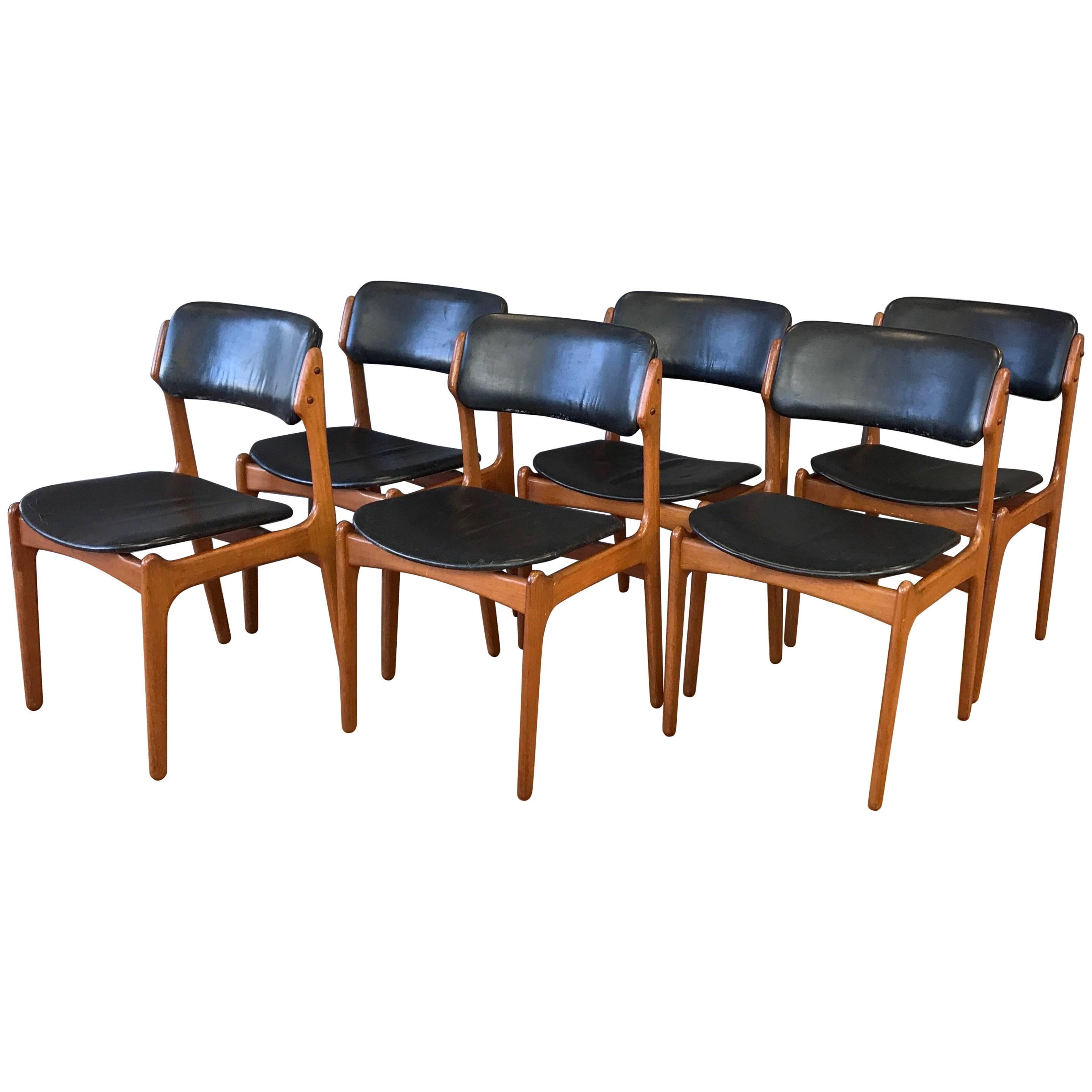 Set of Six Erik Buch for O.D. Møbler OD-49 Teak and Leather Dining Chairs