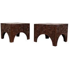 Pair of Midcentury Panelcarve Style Carved Wood End Tables by Sherrill Broudy