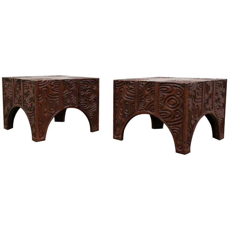 Pair of Midcentury Panelcarve Style Carved Wood End Tables by Sherrill