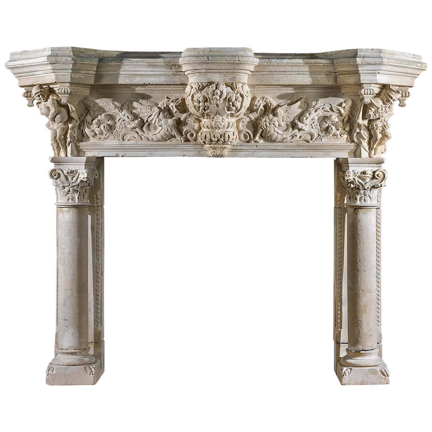 Monumental French Renaissance Style Antique Fireplace