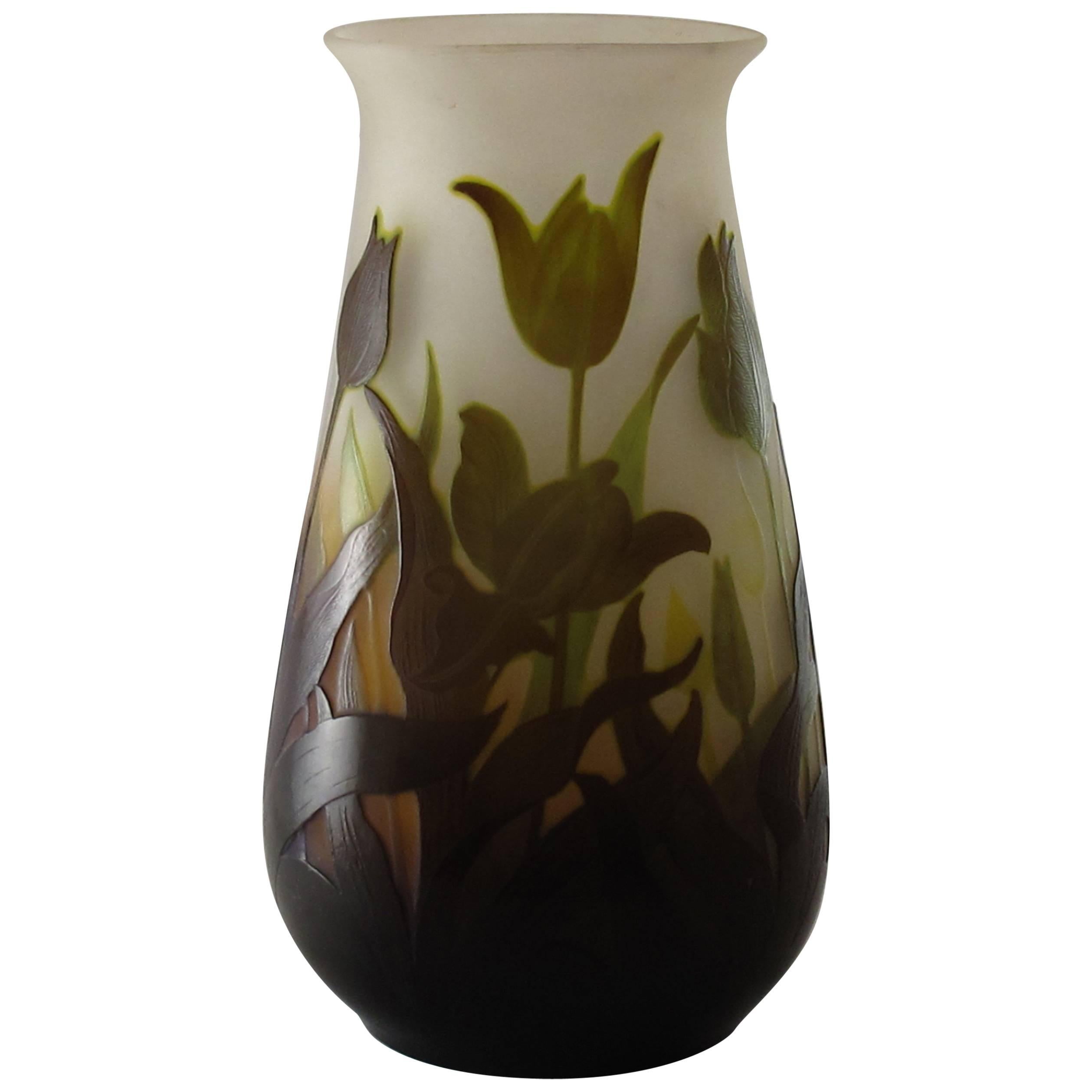 Emile Galle Cameo Glass Vase Acid Etched with Flowers and Leaves