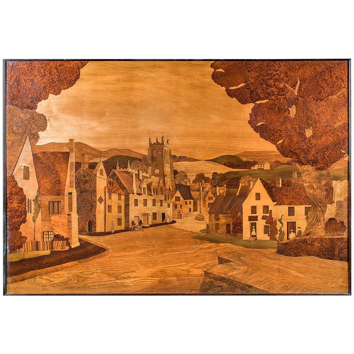 Very Large Arts & Crafts Marquetry Panel Depicting an English Village Scene