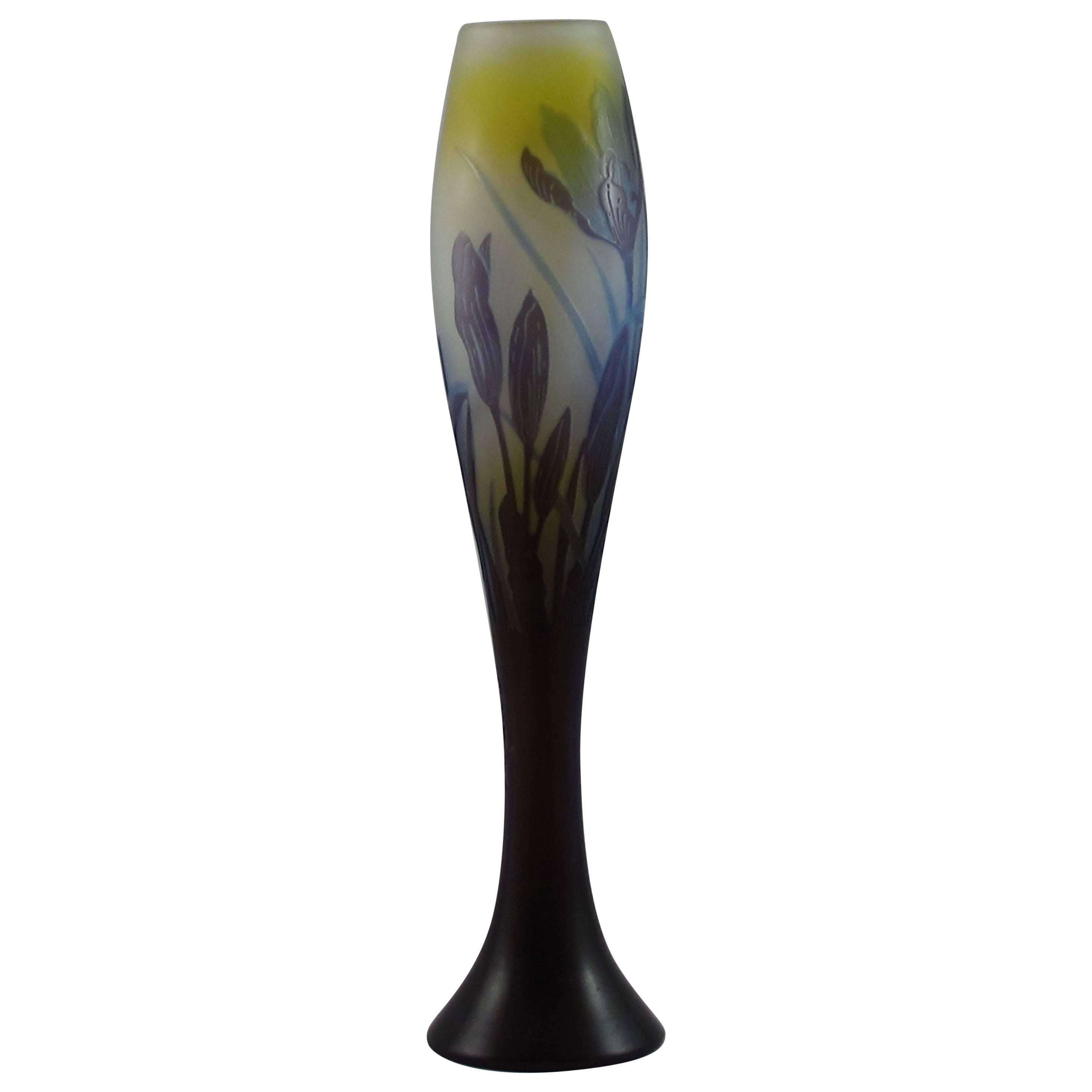 Art Nouveau Emile Galle Vase Decorated with Crocus Leaves and Flowers For Sale