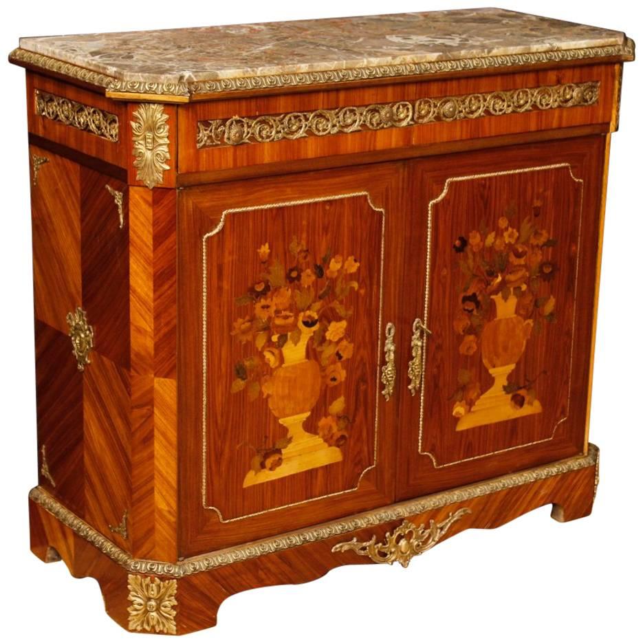 French Inlaid Sideboard in Wood with Marble Top and Bronzes from 20th Century