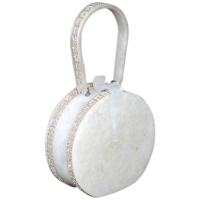 1950's Wilardy Banjo Shaped Handbag in Ivory White Lucite For Sale