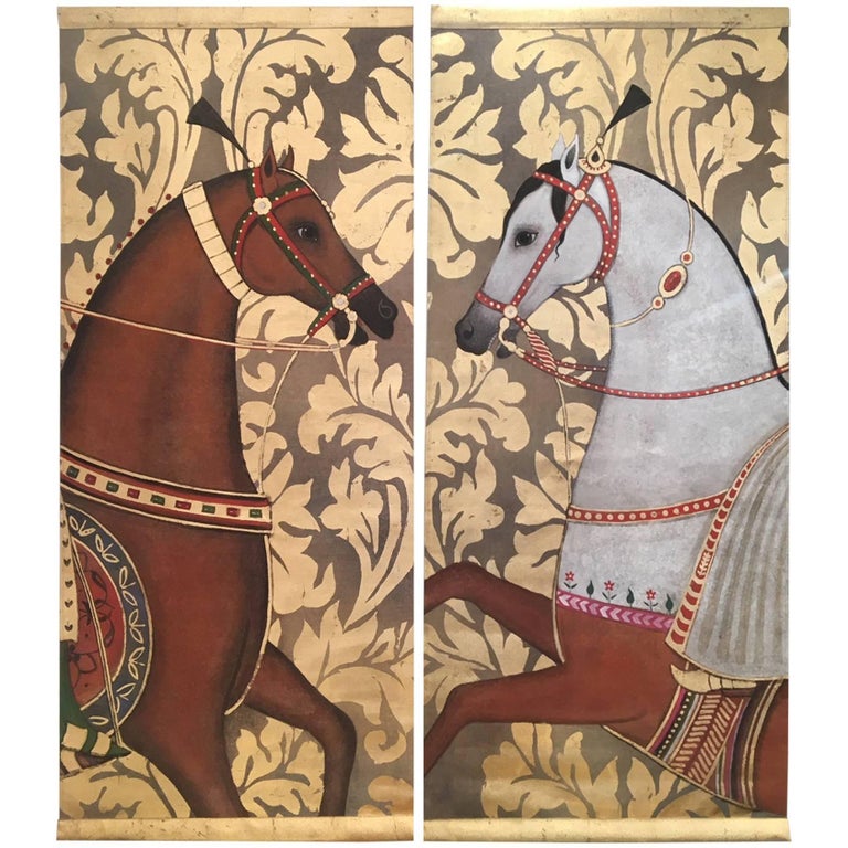 Pair of Arab Horses Painted on Linen For Sale at 1stDibs
