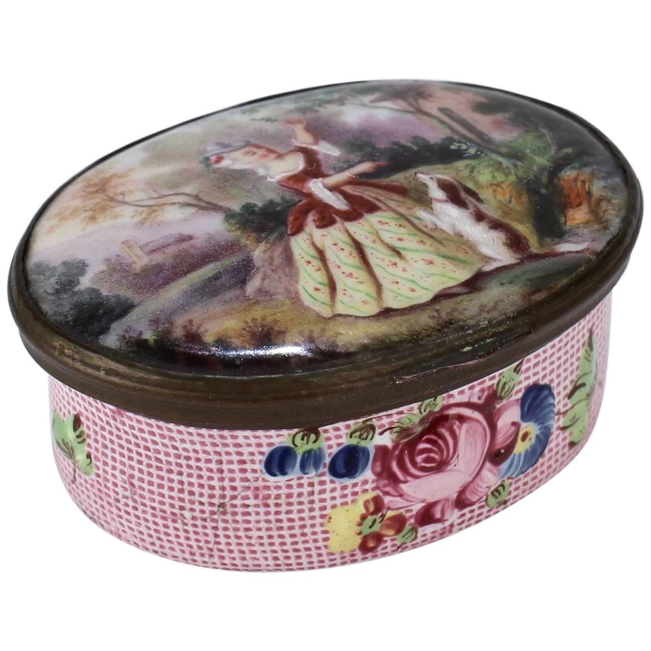 Antique English Battersea Bilston Snuff or Patch Box with a Lady and Begging Dog