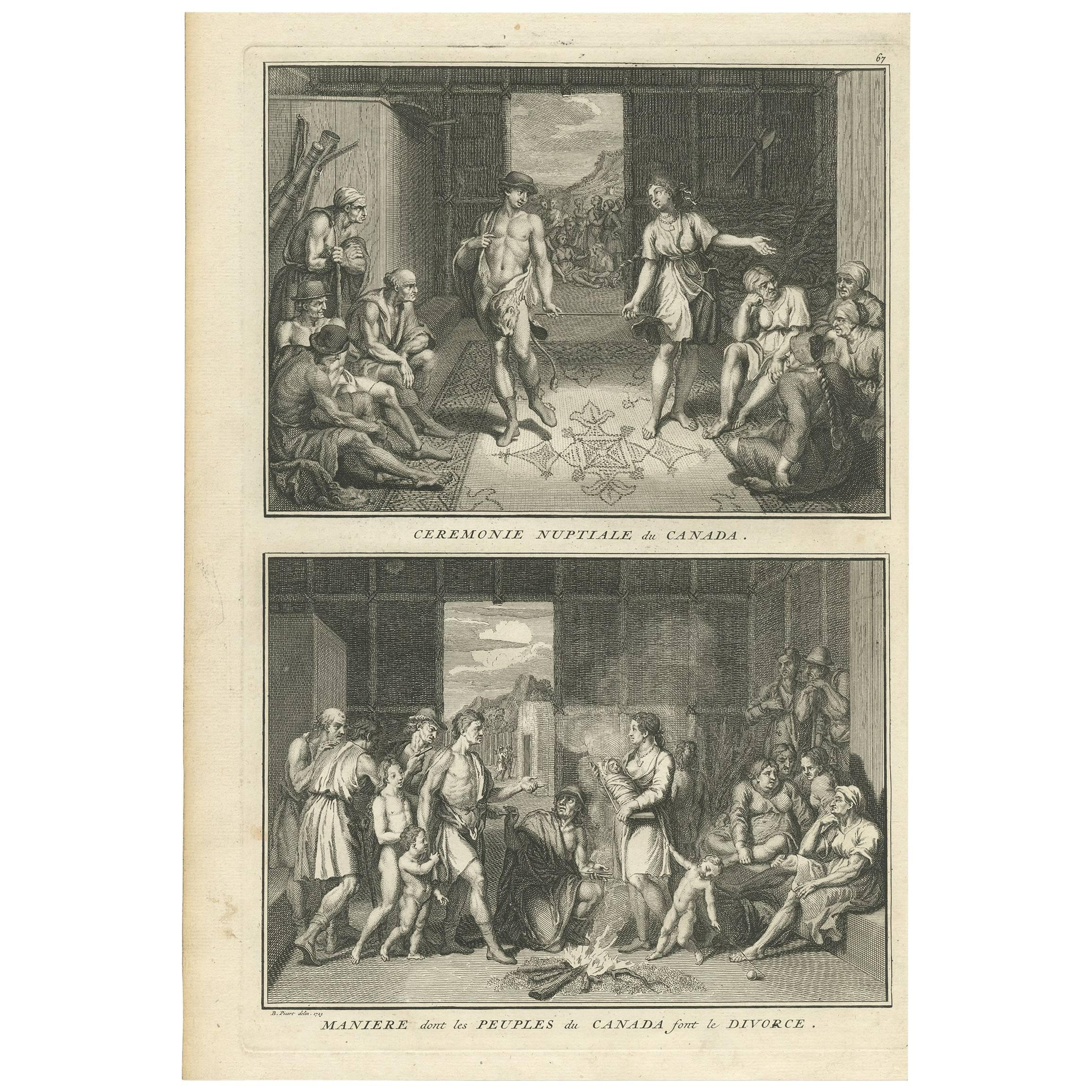 Antiker Druck der Hochzeits- und Divorce Customs in Kanada von B. Picart, 1723