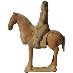 Painted Gray Pottery Equestrian Figure