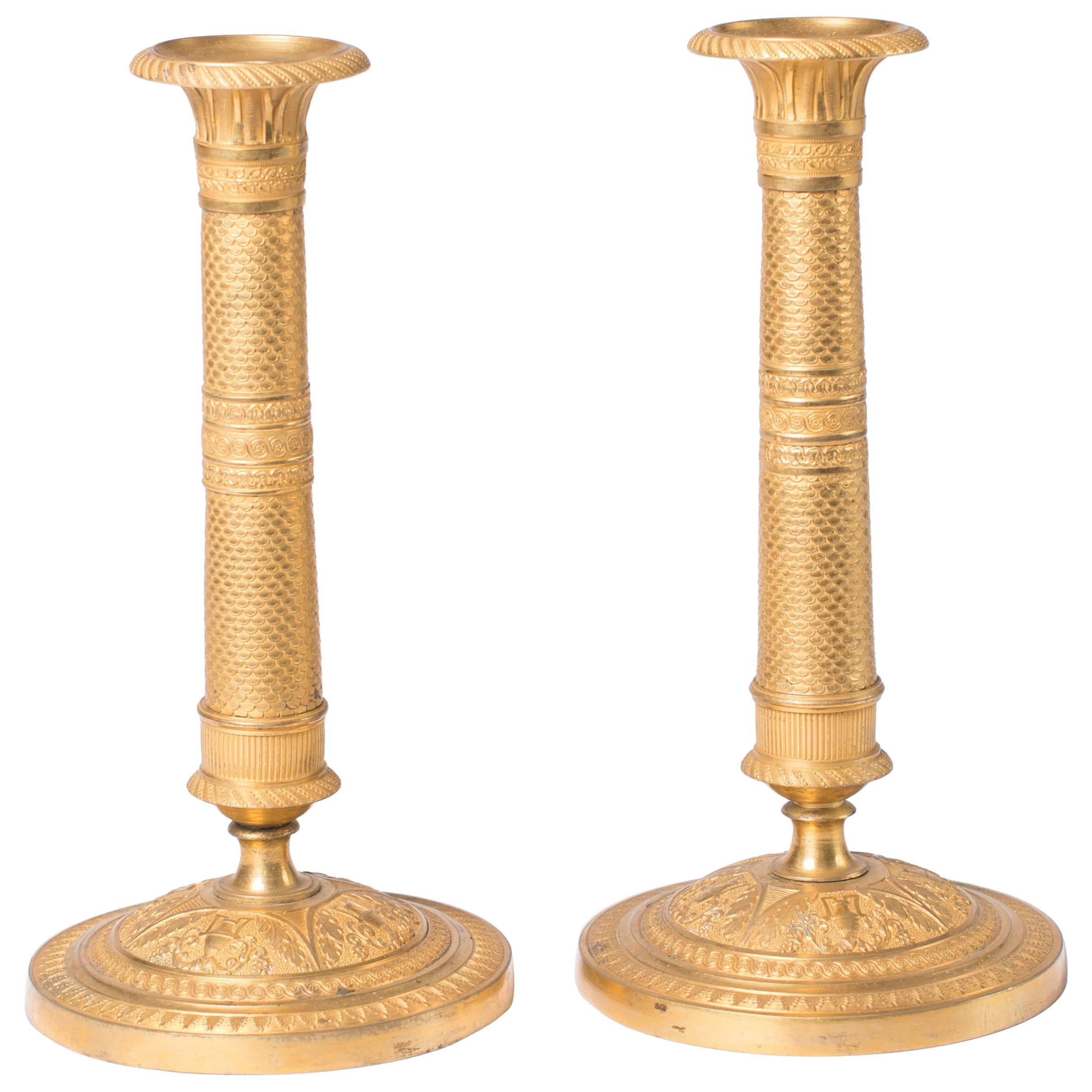 Candlesticks Antique Gilt Bronze Empire, 1820, France For Sale