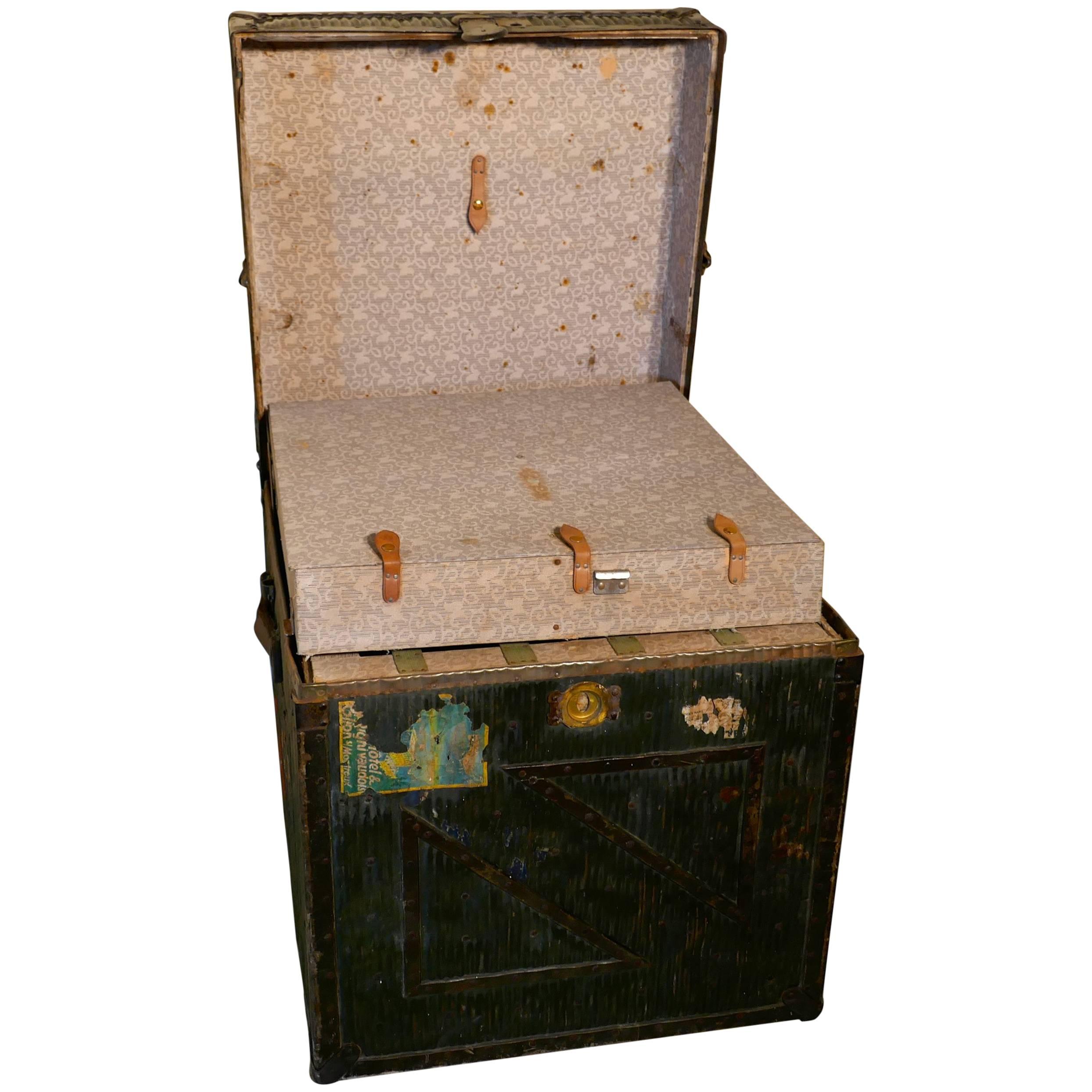 Antique Early 1900s Innovation Brand Green Steamer Trunk 