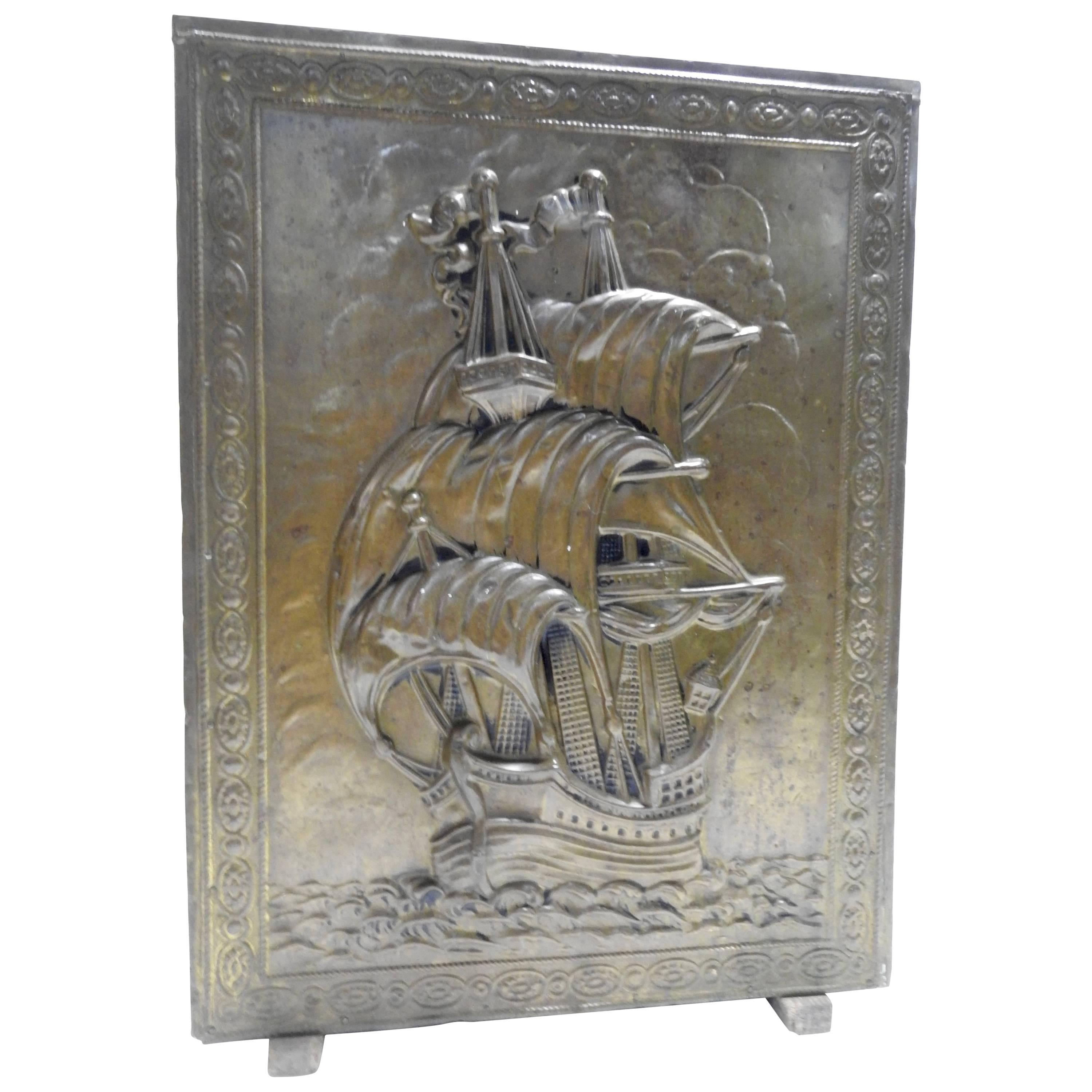 Brass and Wood Umbrella Stand with Embossed Sailing Ship