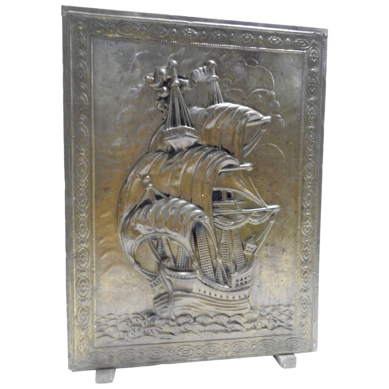 Brass and Wood Umbrella Stand with Embossed Sailing Ship at 1stDibs
