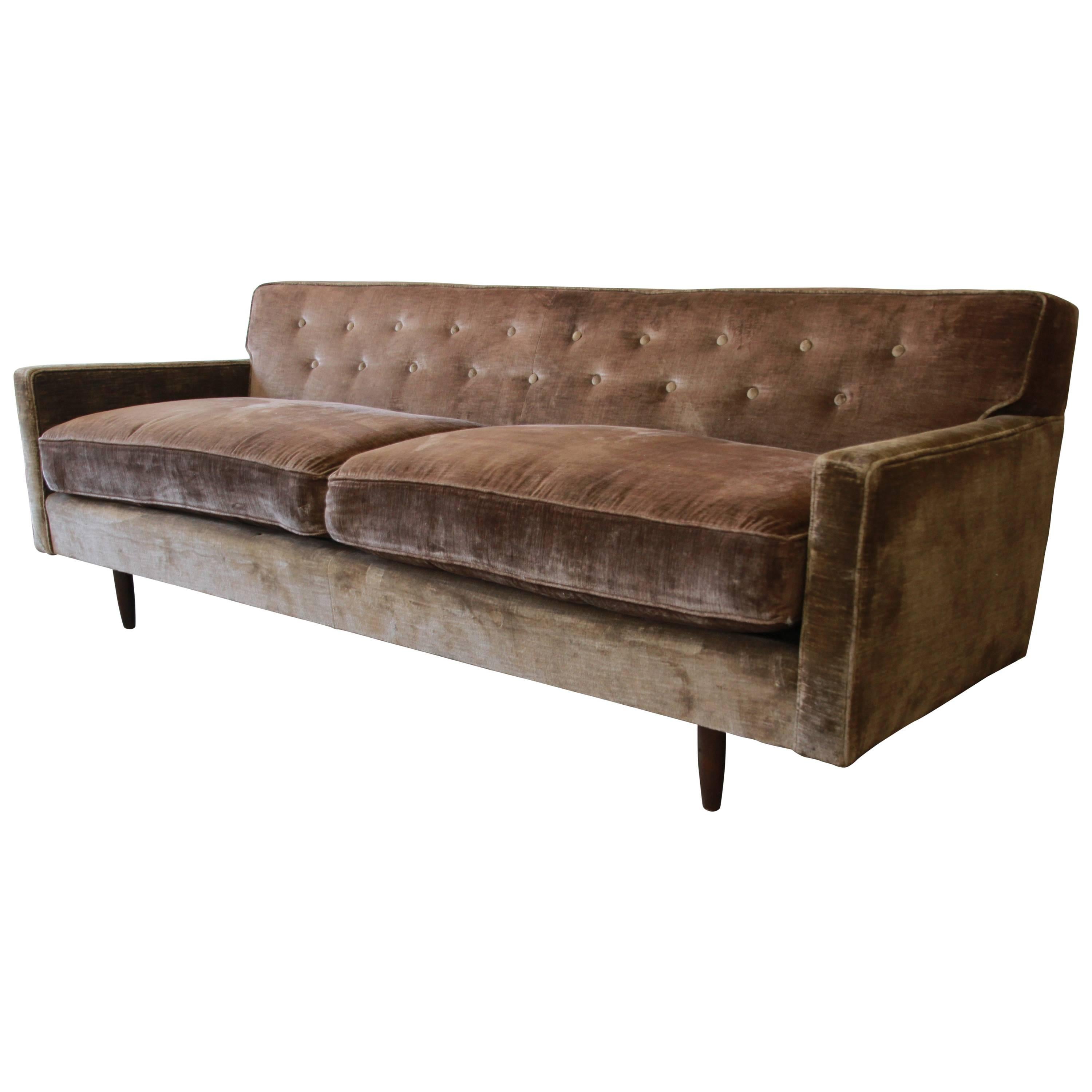 Baker Furniture Midcentury Tufted Brown Velvet Sofa