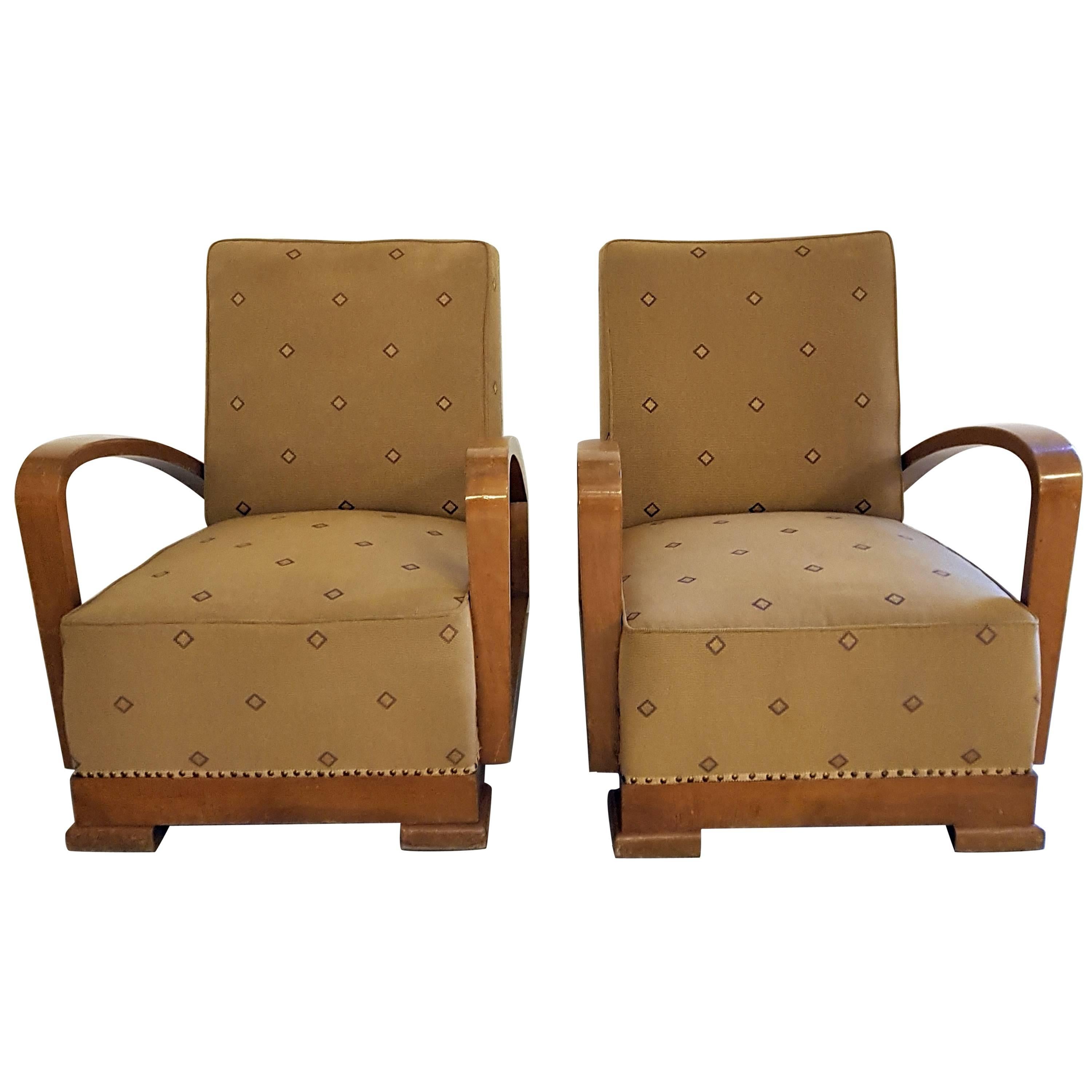 Pair of Fine Crafted Art Deco Armchairs in Nut Wood and Fabric Upholstery For Sale
