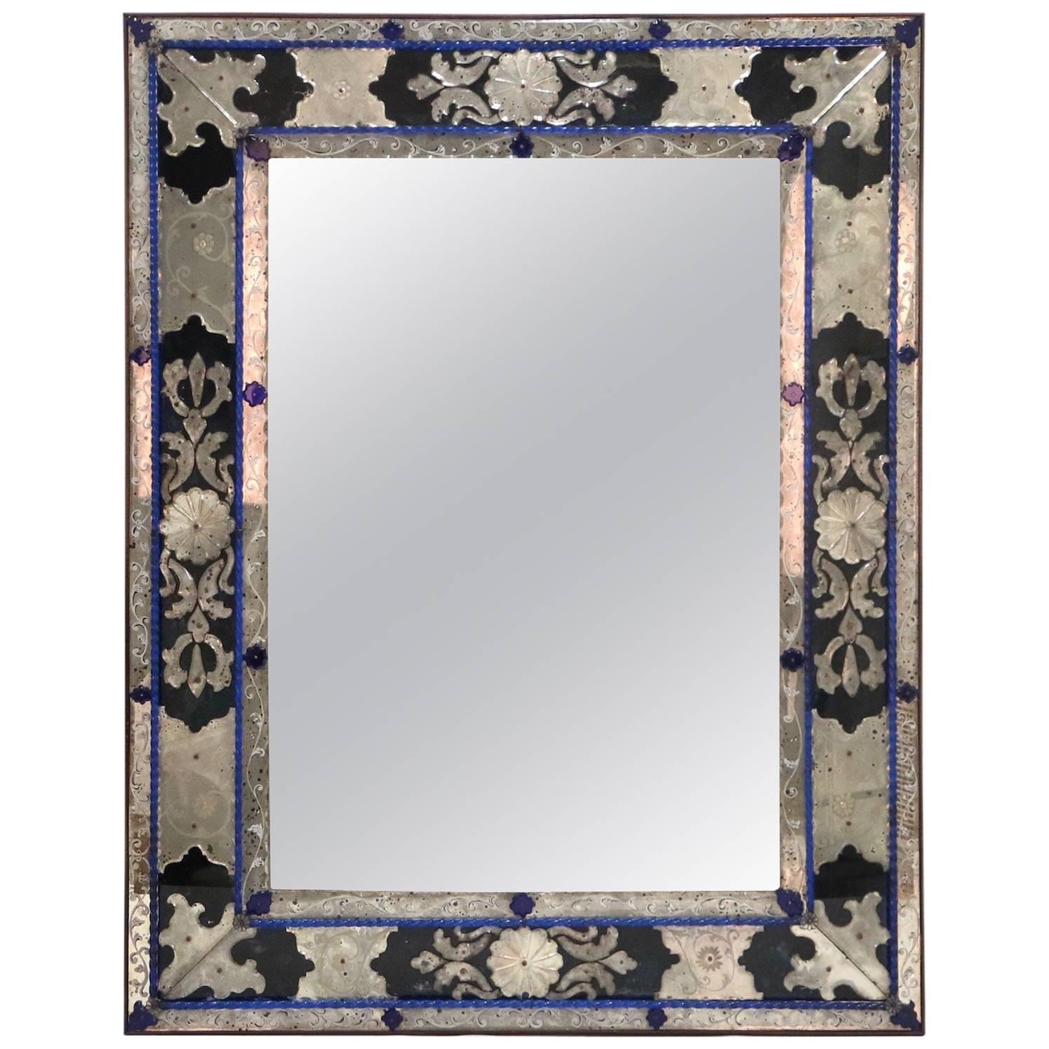 Antique Venetian Mirror in Blue, Clear and Black Murano Glass