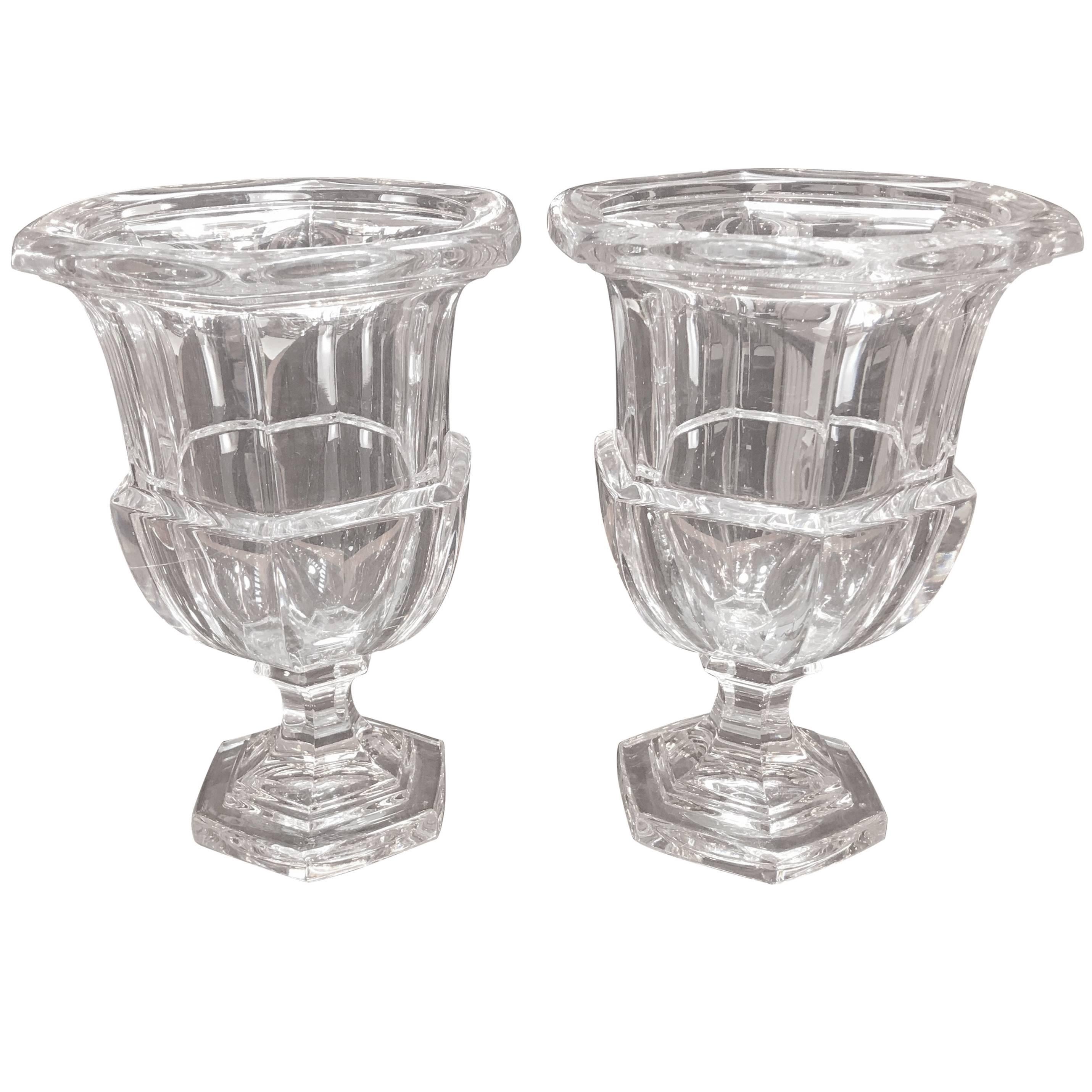 Pair of Water Clear Crystal Panel Cut Urns