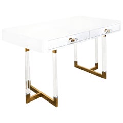 White Lacquered Desk with Lucite and Brass Geometric Legs