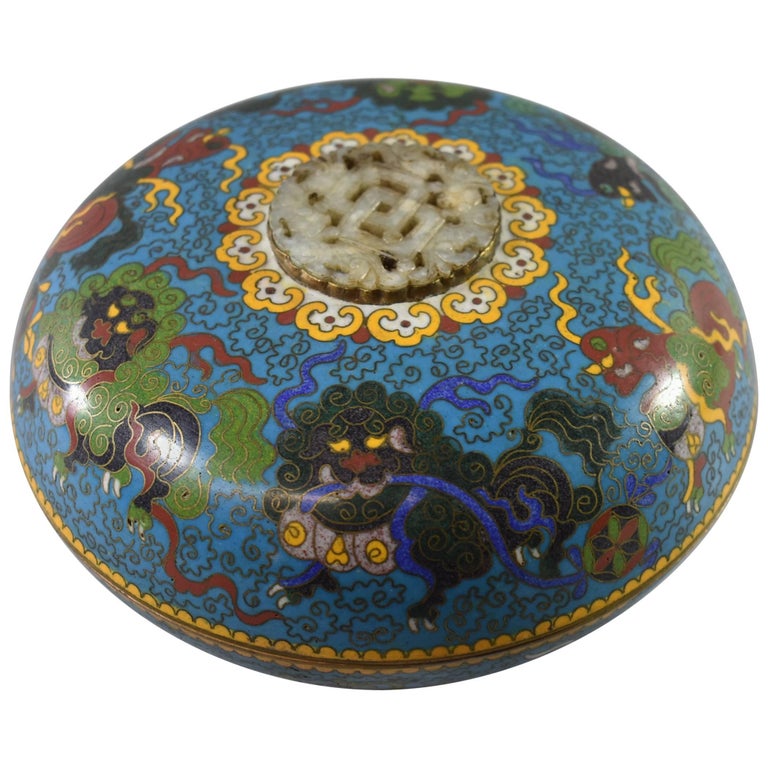 Antique Chinese Cloisonné Covered Bowl White Jade Medallion at 1stDibs
