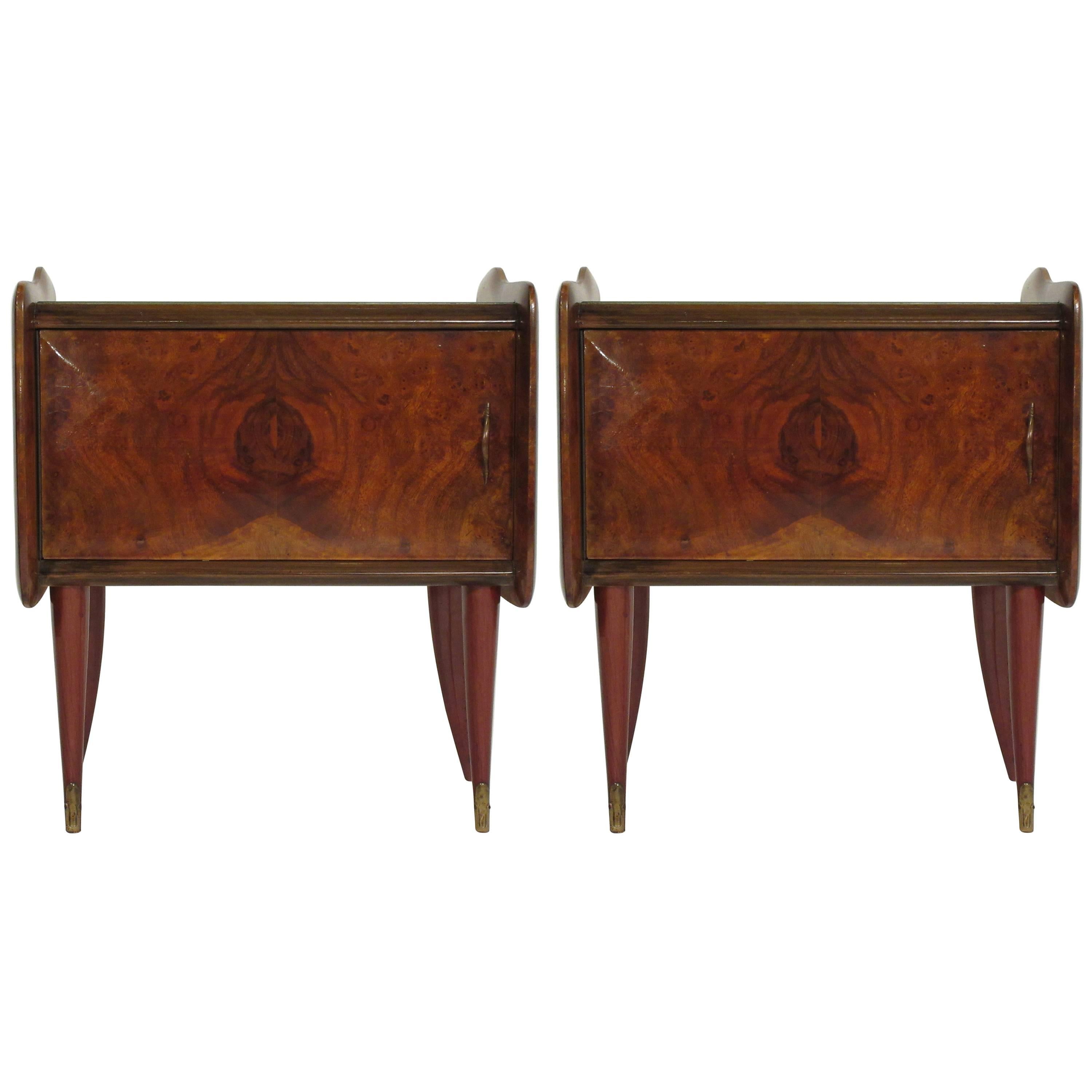 Pair of 1940s Italian Walnut End Tables with Glass Tops