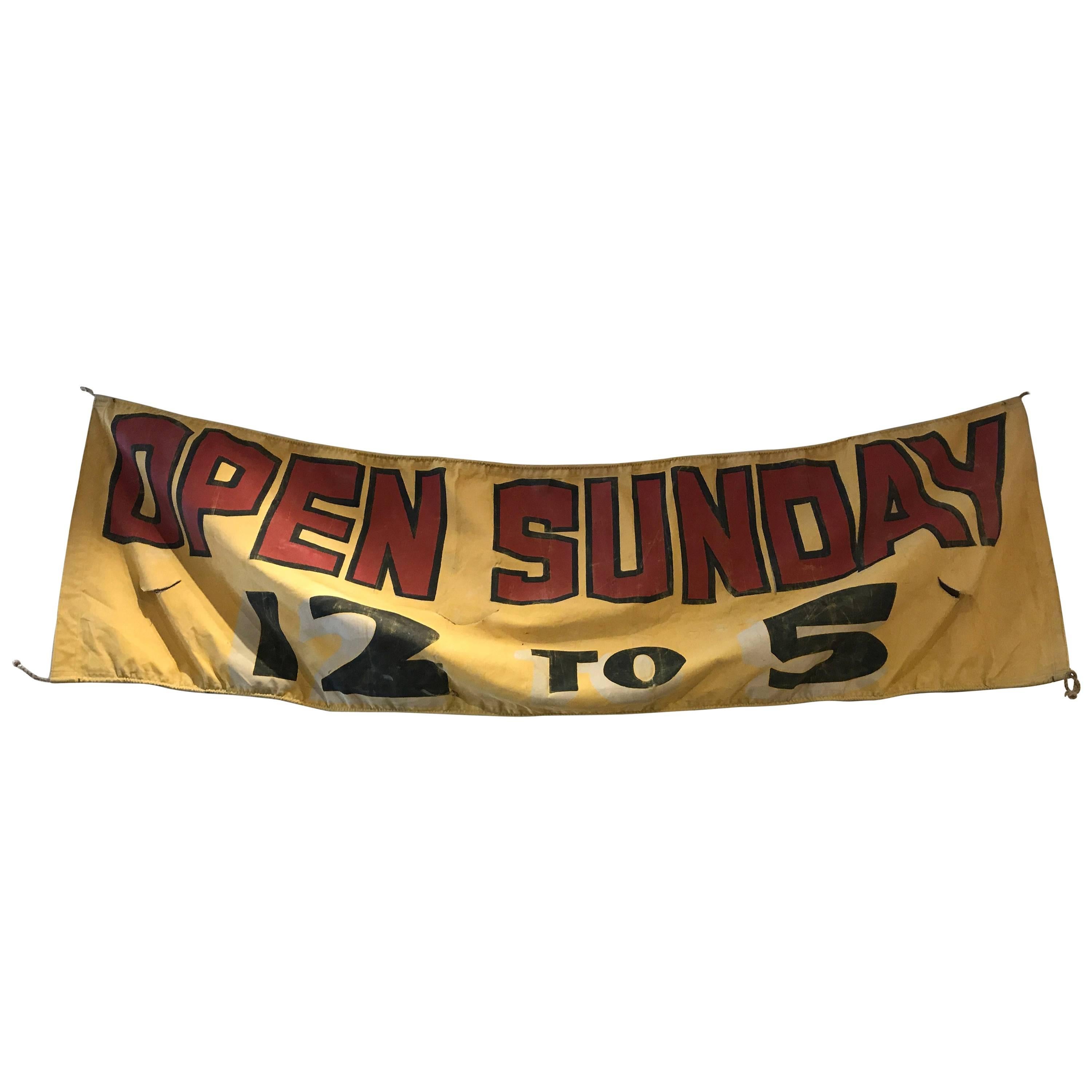 Vintage Hand-Painted Hanging Canvas Advertising Signage "Open Sunday 12 to 5" For Sale