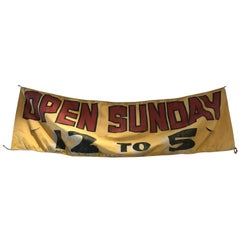 Vintage Hand-Painted Hanging Canvas Advertising Signage "Open Sunday 12 to 5"
