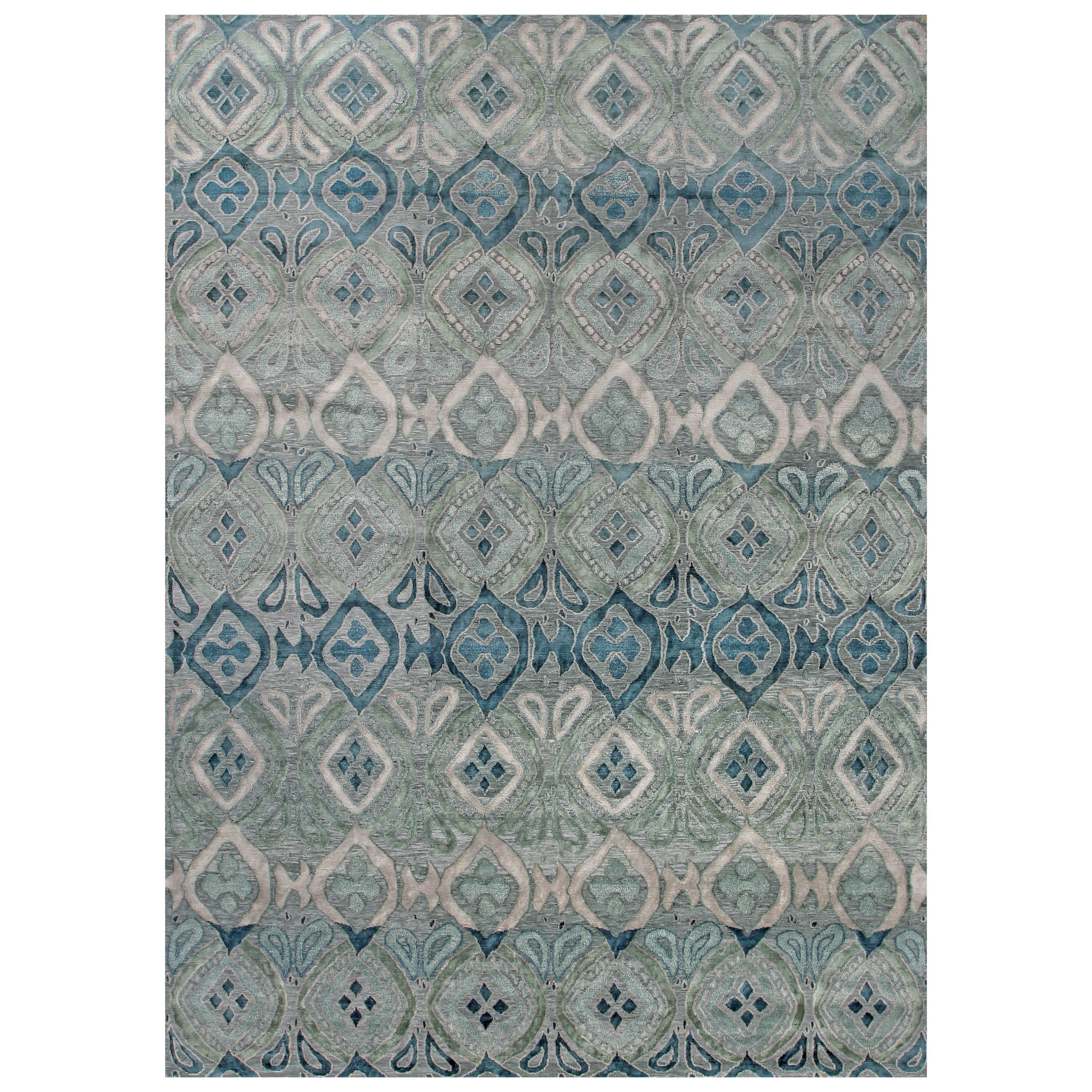 'Bali, Grey/Blue' Hand-Knotted Tibetan Rug Made in Nepal by New Moon Rugs
