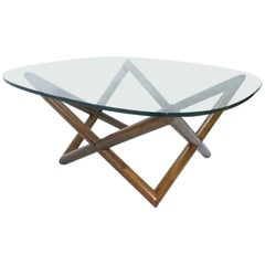 Mid-Century Modern Glass Coffee Table with Walnut Base