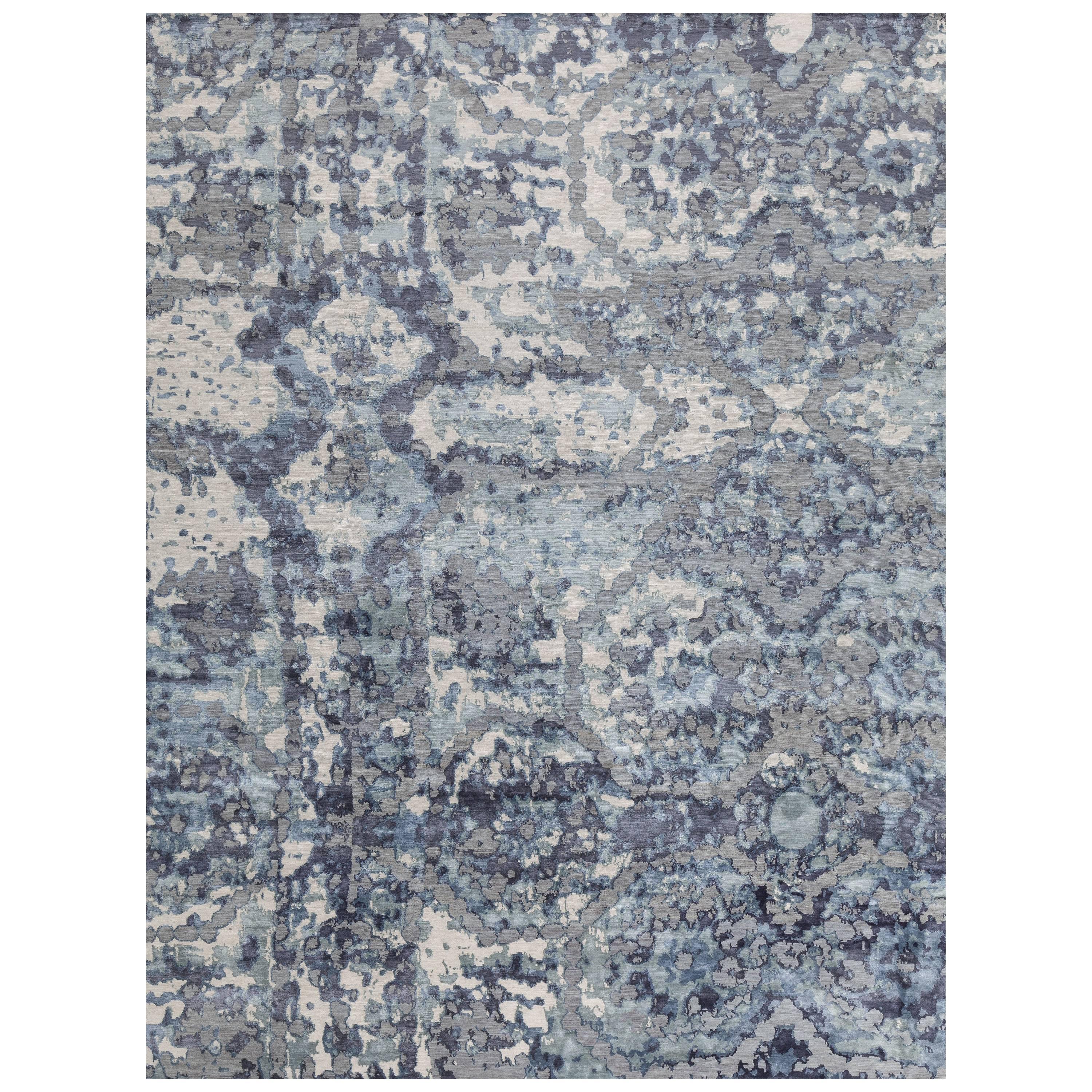 'Denali, Ivory/Indigo' Hand-Knotted Tibetan Rug Made in Nepal by New Moon Rugs For Sale